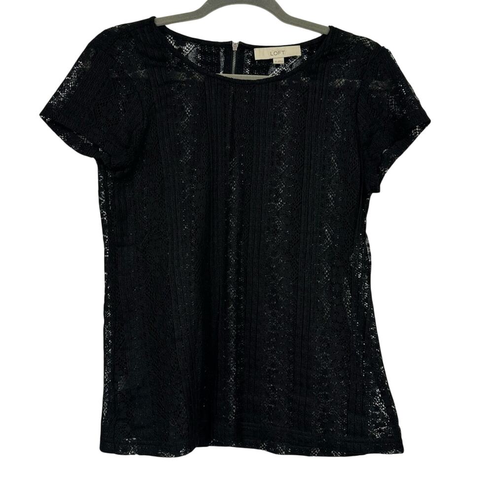 Loft Black Sheer Crochet Short Sleeve Blouse Womens XS Whimsigoth Boho Fall Top